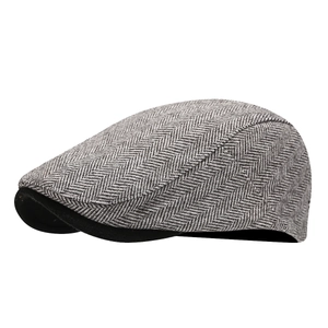 Classic grey herringbone flat cap with black brim and retro British wool texture