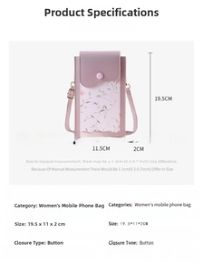 Detailed size specifications and floral design of the touchscreen mini phone bag