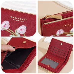 Red embroidered floral short wallet for women featuring bifold zipper and litchi texture