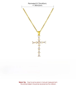 Detailed size and weight specs for the gold cross necklace with teardrop cubic zirconia