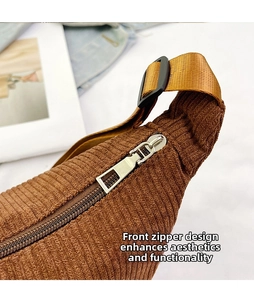 Close-up of the front metal zipper detail on a dark brown corduroy crossbody bag