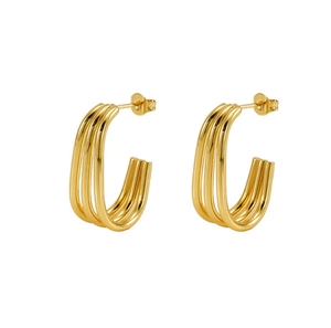 Detailed macro view of 18K gold plated triple layered C-shaped stainless steel earrings