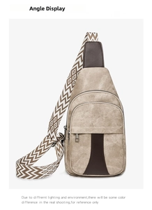 Detailed side view of khaki crossbody bag with patterned strap and silver metal zippers