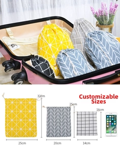 Size chart showing large medium small drawstring cotton linen bags with phone for scale