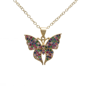 Minimalist gold butterfly necklace featuring colorful gemstones on a clean white background