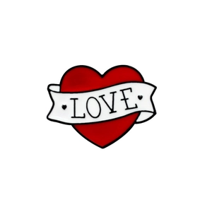Retro style enamel pin featuring a red heart and LOVE banner on white background