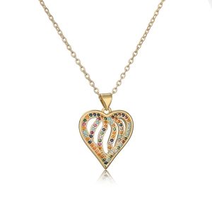 Gold plated heart pendant necklace with colorful zircon inlay on white background
