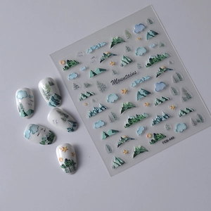 5D embossed mountain and forest nail stickers with green and blue nature themes