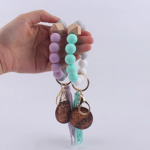 Silicone bead wristlet keychain with wooden hexagonal beads and leather tassel MAMA wooden tag