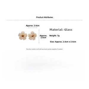 Detailed view of handmade camellia pearl beaded earrings with 2.6cm diameter and 7g weight