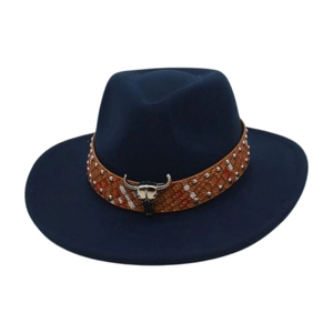 Classic dark blue felt jazz fedora hat with brown leather band and silver bull buckle