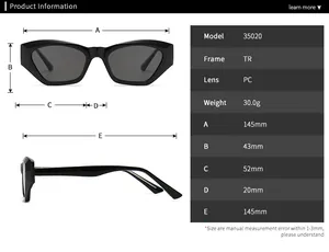 Tabella taglie dettagliata per occhiali da sole cat eye con dimensioni e materiale TR90