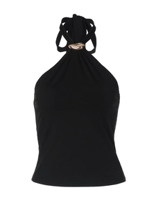 Chic black halter top for women with a decorative golden ring detail and slim fit