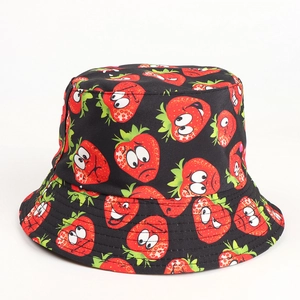 Close-up of black cotton bucket hat featuring cute cartoon strawberry print patterns