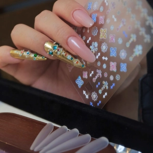 Vintage floral nail stickers with golden 3D rhinestones and pearl embellishments