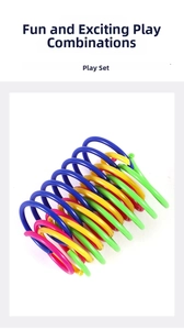Close-up of flexible colorful plastic spring cat toys in blue, pink, and yellow shades