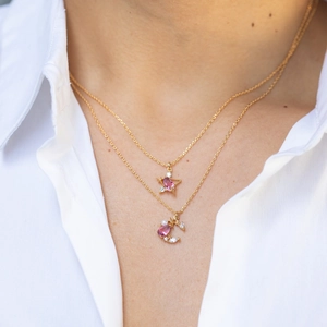 Star And Moon Pendant Necklace Copper 18K Gold Plated Pear Shaped Purple Gemstone Artificial Pearl Zircon Jewelry For Women