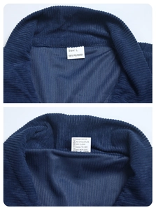 Détail de la texture velours côtelé, étiquette de taille L et conseils d'entretien du vêtement
