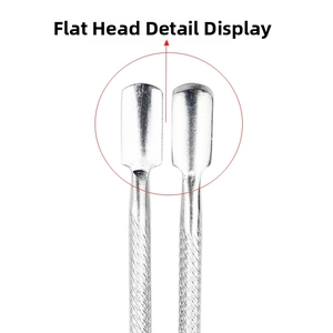 Detail view of a flat head stainless steel cuticle pusher with anti-slip handle grip