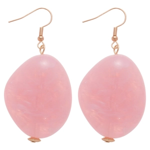 Elegant pink oval acrylic drop earrings with gold hooks on a clean white background