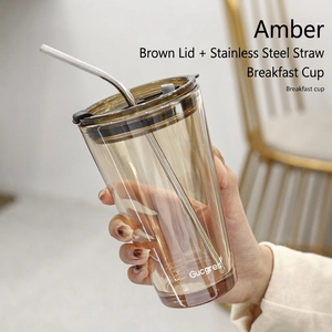 Tasse à café en verre aurore ambré avec couvercle brun et paille en inox