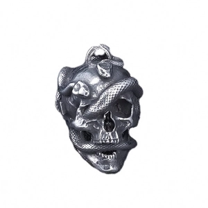 Unique stainless steel skull pendant with coiled snake design in vintage silver finish