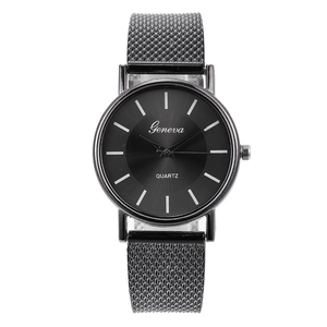 Minimalist quartz watch with black sunray dial and dark grey mesh metal strap