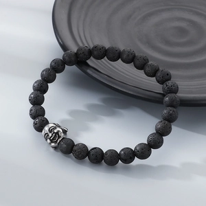 8mm black lava stone beaded bracelet for men with silver Buddha head and elastic cord