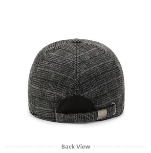 Back view of dark grey plaid baseball cap with adjustable metal buckle and elastic trim