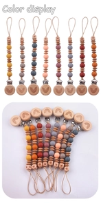 Detail display of silicone and beech wood baby pacifier clips in eight various colors