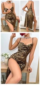 Detail of leopard print satin nightgown featuring spaghetti straps and backless design