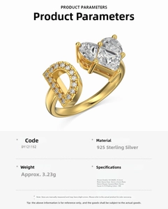 Detail specifications of 925 silver ring with D-letter and heart-shaped 5A zircon inlay