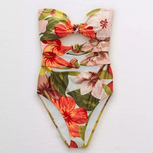 Maillot de bain une pièce bustier à imprimé floral tropical avec nœuds ajourés