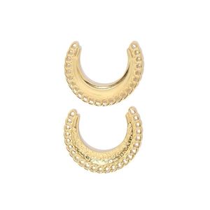 Detail of gold C-shaped twisted hoop earrings in titanium steel with woven texture finish