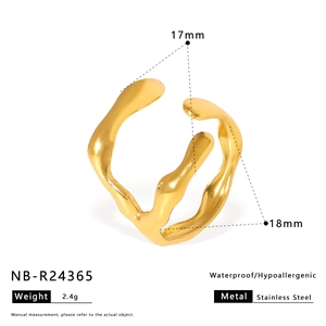 Detailed view of golden stainless steel wavy open ring showing 17-18mm size measurements