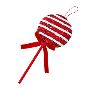 Sparkly red and white striped Christmas lollipop ornament with a red velvet bow decoration