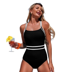 Women's black one-piece swimsuit featuring sporty double white stripes and scoop neckline