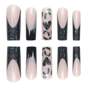 Long coffin press-on nails featuring black glitter French tips and pink heart designs
