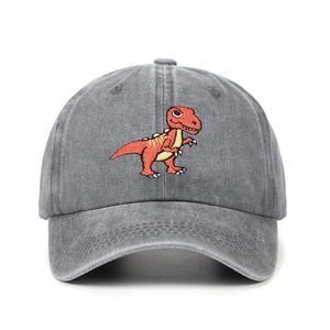 Kids dark grey washed cotton baseball cap featuring colorful T-Rex dinosaur embroidery