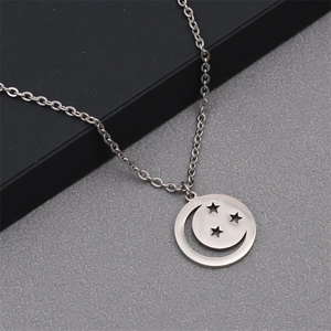 Silver stainless steel necklace with a hollow moon and stars round pendant