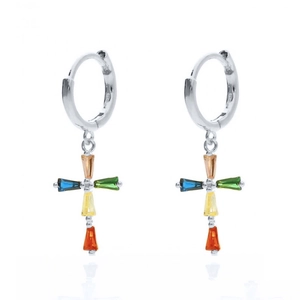 Close-up of S925 silver hoop earrings with a cross charm set with multi-color crystals