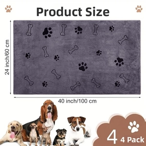 Detail of gray ultra-absorbent pet blankets with paw and bone patterns in a 4-pack set