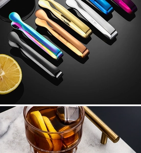 Macro shot of 304 stainless steel ice tongs in multiple colors with engraved SUS 304 mark