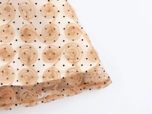 Dettaglio del tessuto a rete beige con pois neri e applicazione di fiori di rosa in 3D