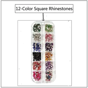 Detailed view of 12 colors square resin rhinestones in a clear plastic organizer box