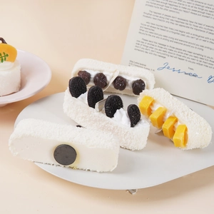 Realistic long PU foam cream cake toy set with fruit toppings for stress relief decor