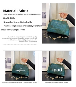 Detailed size chart for peacock brocade evening bag with metal handle and chain strap