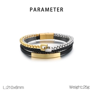 Detail shot of multi-layer leather braid bracelet with steel chain and magnetic clasp