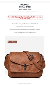 Detail view of a vintage brown leather shoulder bag with a metallic buckle closure