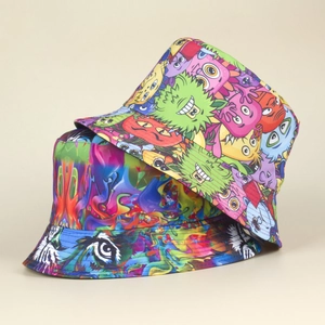 Reversible Bucket Hat Colorful Cartoon Monster Graffiti Print Cotton Canvas Sun Protection Breathable Streetwear Hip Hop